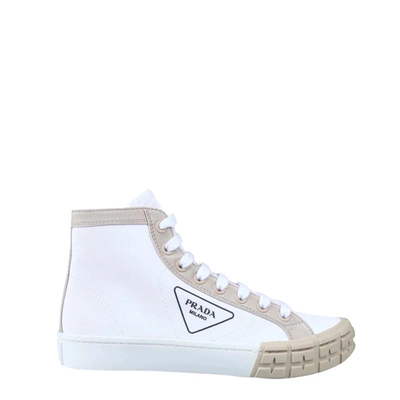 Pre-owned Prada White/beige Gabardine High-top Trainers Size Eu 44 (uk 10)