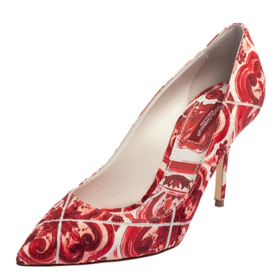 Pre-owned Dolce & Gabbana Red Jacquard Fabric Pointed Toe Pumps Size 38