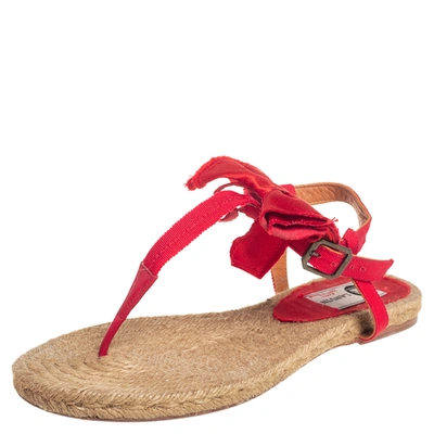 Pre-owned Lanvin Red Leather And Satin Bow Espadrille Thong Flat Sandals Size 39