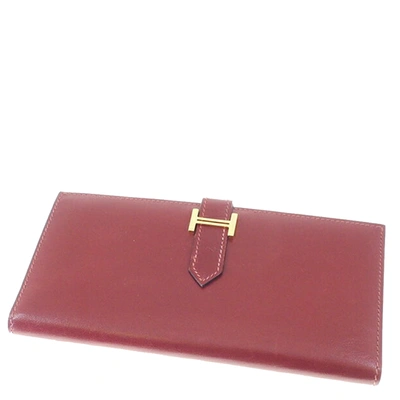 Pre-owned Hermes Red Leather Bearn Soufflet Wallet