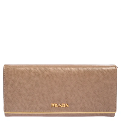 Pre-owned Prada Beige Saffiano Leather Metal Bar Flap Continental Wallet