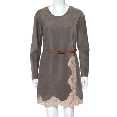 Pre-owned Chloé Grey Suede Lace Trim Detail Belted Dress S