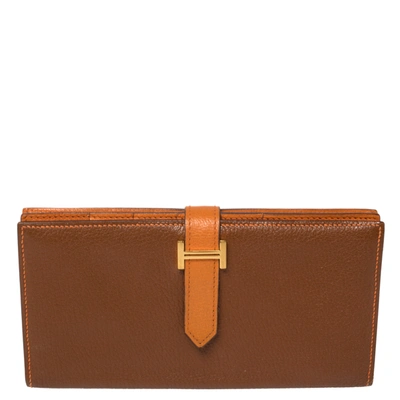 Pre-owned Hermes Noisette/orange Chevre Leather Bearn Gusset Wallet In Brown