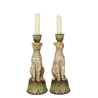 Oka Pair Of Lakadema Leopard Candle Holders - Multi