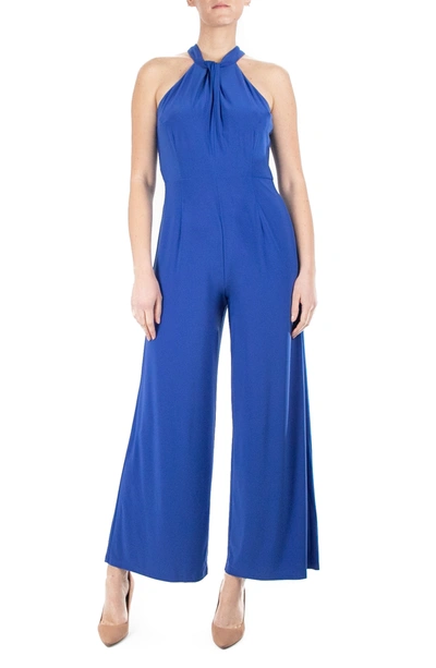 Nina Leonard Twist Halter Ity Knit Jumpsuit In Classic Blue