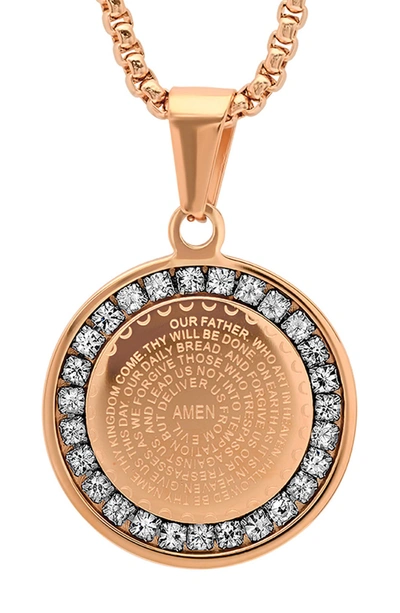 Hmy Jewelry 18k Rose Gold Plaed Stainless Steel Lord's Prayer Cz Pendant Necklace