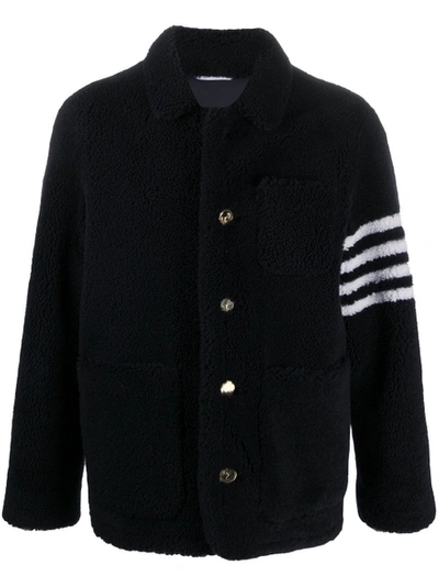 Thom Browne 4-bar Stripe Shearling Jacket In Blue