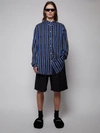 BALENCIAGA STRIPED LOGO BUTTON UP SHIRT, BLACK AND BLUE