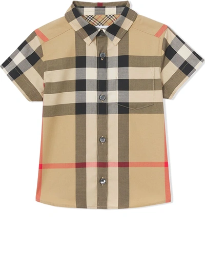 Burberry Beige Shirt For Baby Boy With Vintage Checks In Neutrals