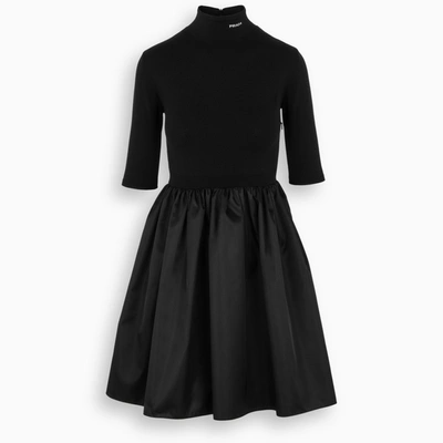 Prada Logo Embroidered Mock Neck Gathered Re-nylon Mini Dress In Black/black
