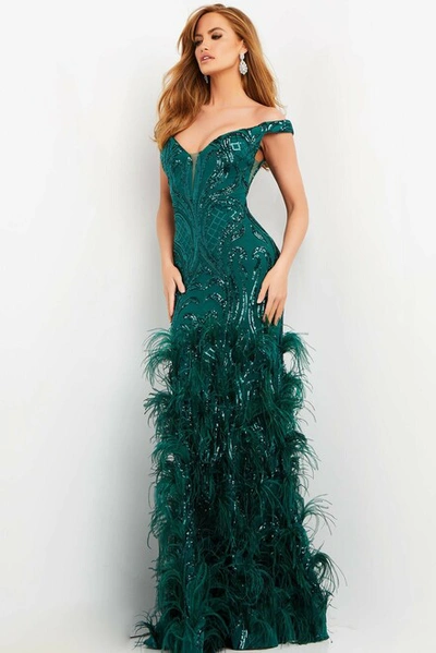 Jovani Embellished Feather Evening Gown