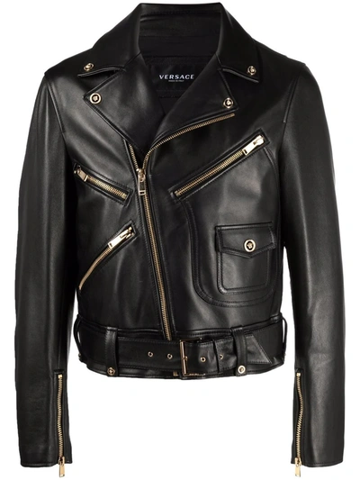 Versace Medusa Embellished Leather Biker Jacket In Black