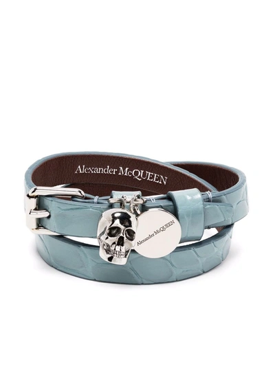 Alexander Mcqueen Embossed Skull Charm Bracelet In Light Blue,grey,silver