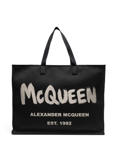 Alexander Mcqueen East West Tote Bag In Nylon With Graffiti Print In Schwarz