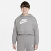 Nike Sportswear Club Big Kids' French Terry Cropped Hoodie (extended Size) In Carbon Heather,white
