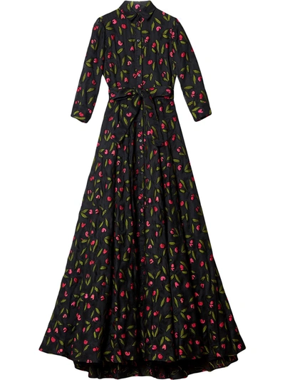 Carolina Herrera Floral-embroidered Belted Shirtdress Gown In Black Multi