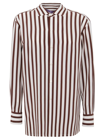 Ralph Lauren Stripe-print Silk Button-down Shirt In White/brown