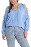 1.state 1. State Ruffle Cold-shoulder Georgette Top In Oasis Blue
