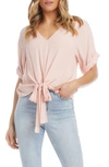 Karen Kane Cuffed Short Sleeve Tie Front Top In Rose