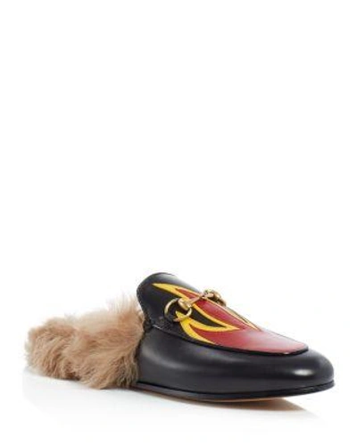 Gucci Princetown Leather And Lamb Fur Flame Slippers In Black