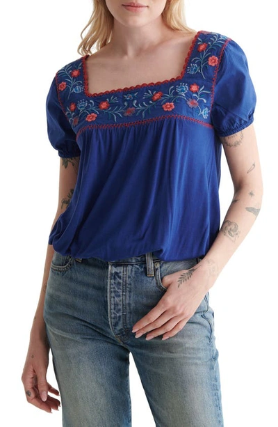 Lucky Brand Embroidered Mixed Media Square Neck Top In Royal Blue