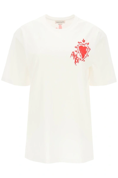 Alexander Mcqueen Heart Papercut Print T-shirt In White,red