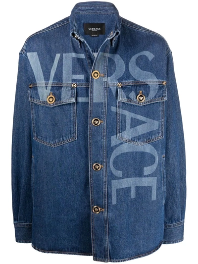 Versace Greca Logo-lettering Denim Jacket In Blue