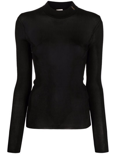 Saint Laurent Ribbed Silk Sweater W/ Ysl Monogram In Noir