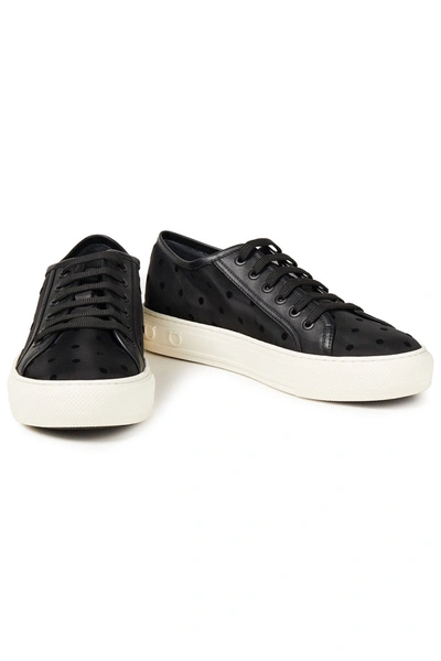 Ferragamo Leather-trimmed Flocked Mesh Trainers In Black