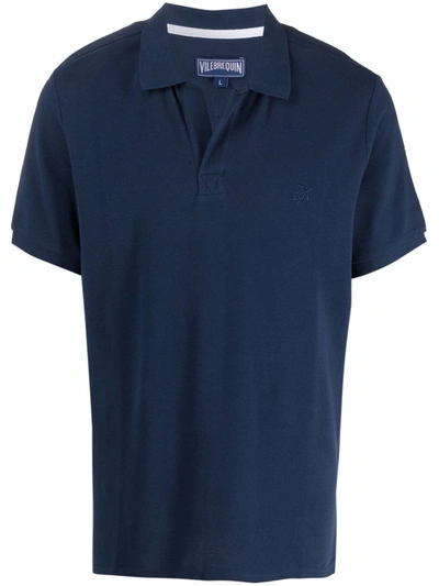 Vilebrequin Logo Print Cotton Pique Polo T-shirt In Marine Blue