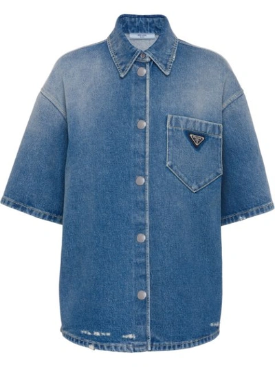 Prada Logo-plaque Denim Shirt In Nero