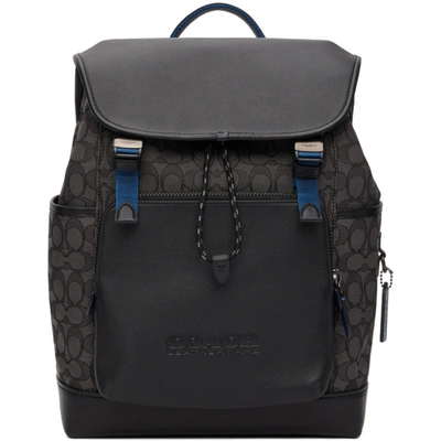 Coach League Sigunature Jacquard & Leather Flap Backpack In Black Copper/charcoal/black