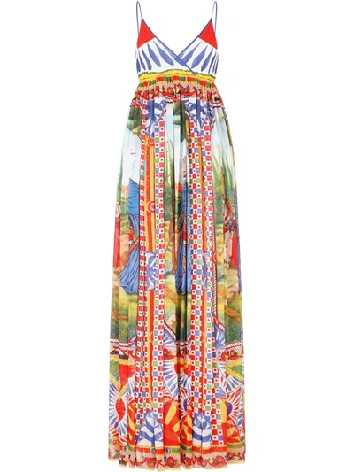 Dolce & Gabbana Long Carretto-print Chiffon Dress In Multicolor