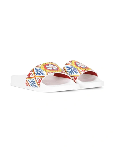 Dolce & Gabbana Kids' Floral-print Flat Slides In Red