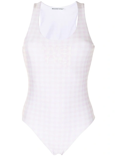 Alexander Wang T Logo Print Gingham Check Sleeveless Bodysuit In Pink,white
