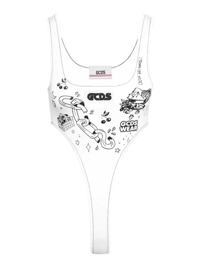 Gcds Graphic-print Cut-out Bodysuit In White