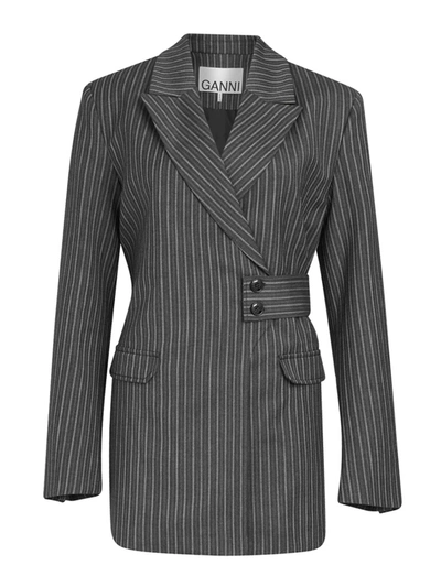 Ganni Double-breasted Pinstriped Blazer In 252 Phantom