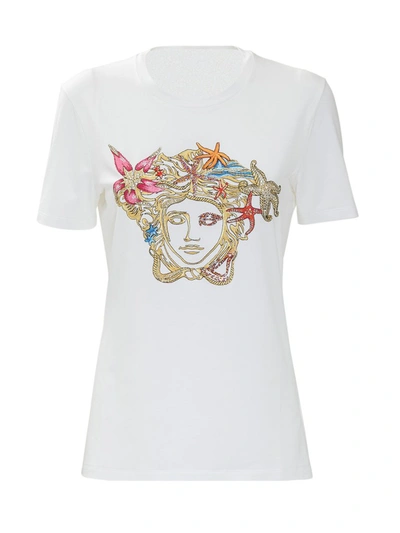 Versace Jersey T-shirt With Embroidered Tr&eacute;sor Medusa Logo In Bianco