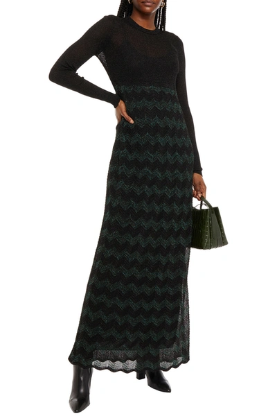 M Missoni Metallic Ribbed And Crochet-knit Maxi Dress In Black