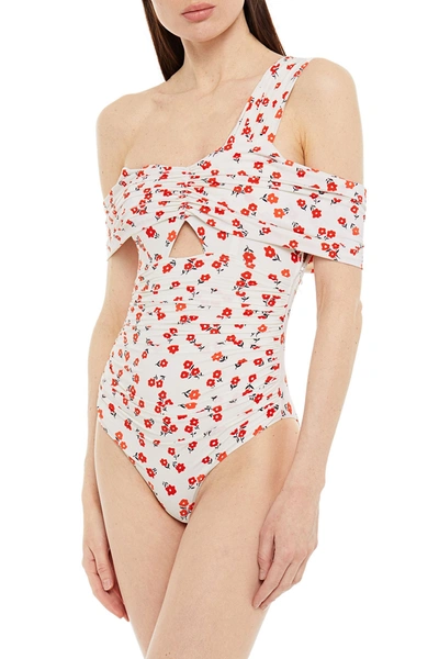 Self-portrait One-shoulder Cutout Floral-print Swimsuit In Cream