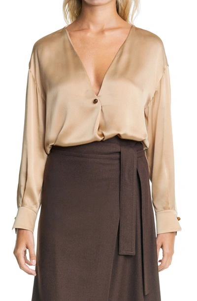 Vince V-neck Ball Button Silk Blouse In Chamois