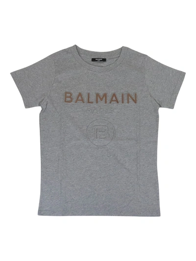 Balmain Kid's Suede Logo Embossed Short-sleeve T-shirt In Grey