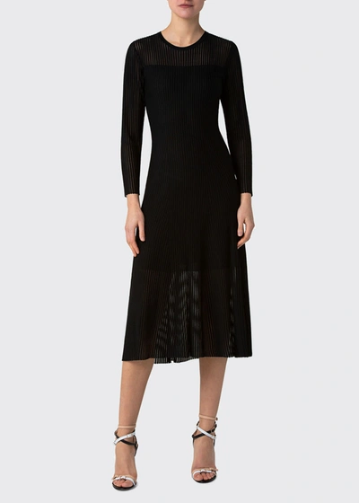 Akris Long-sleeve Structured Line Knit Silk Dress In Black