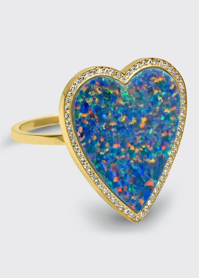 Jennifer Meyer Yellow Gold Blue Opal Inlay Heart Ring With Diamonds