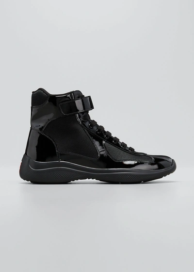 PRADA MEN'S AMERICA'S CUP PATENT LEATHER HIGH-TOP SNEAKERS,PROD165480131