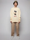 PALM ANGELS PIRATE BEAR CABLE KNIT SWEATER, BEIGE AND WHITE