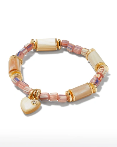 Akola Jasmine Horn & Glass Bead Heart Charm Stretch Bracelet In Peach Multi