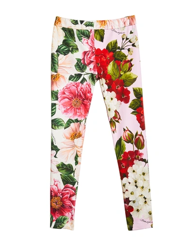 Dolce & Gabbana Kids' Girl's Floral-print Stretch Cotton Leggings In Variante Abbinata