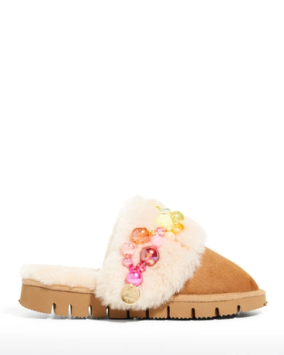 Alameda Turquesa Pinctada Pearly Rainbow Suede Mule Slippers In Tobacco