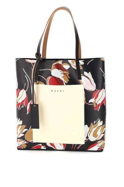 Marni Shopping Bag In Leather With Flower Print In Black,white,red,pink